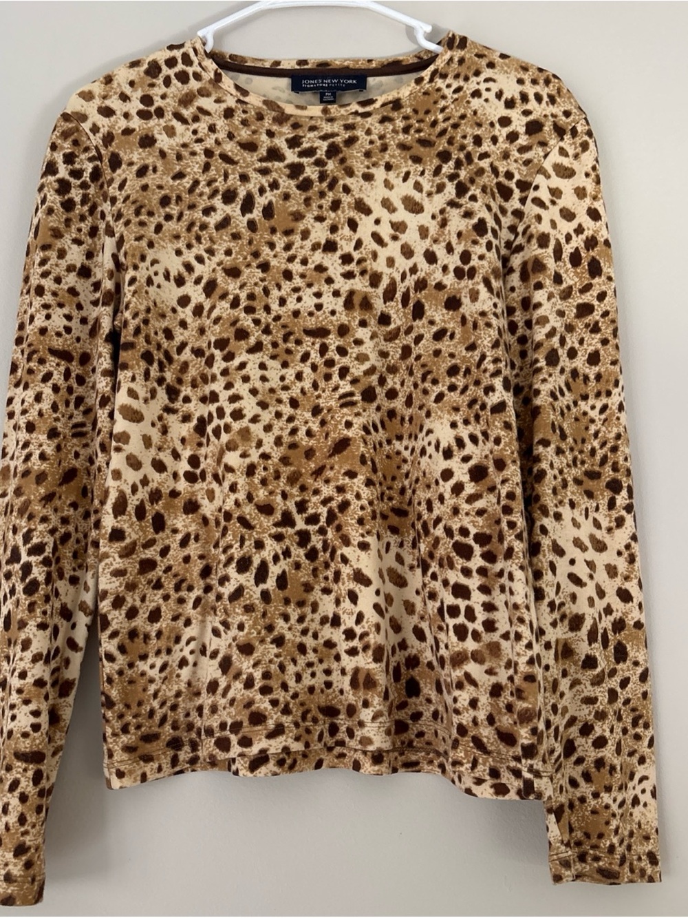 Jones New York Long-Sleeve Animal Print Top in Brown and Cream